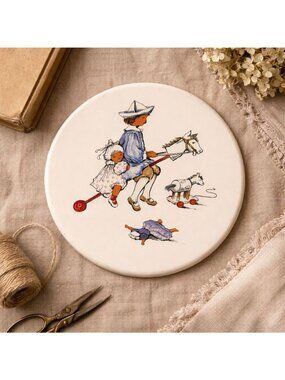 Hornsea England Ceramic Trivet Children on Hobby Horse Nursery Decor Vintage
